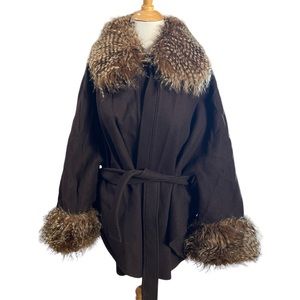 Coat, Cape, Jacket Wool Blend Faux Fur Neck/Sleeve Cuffs. Belted. June Classic S